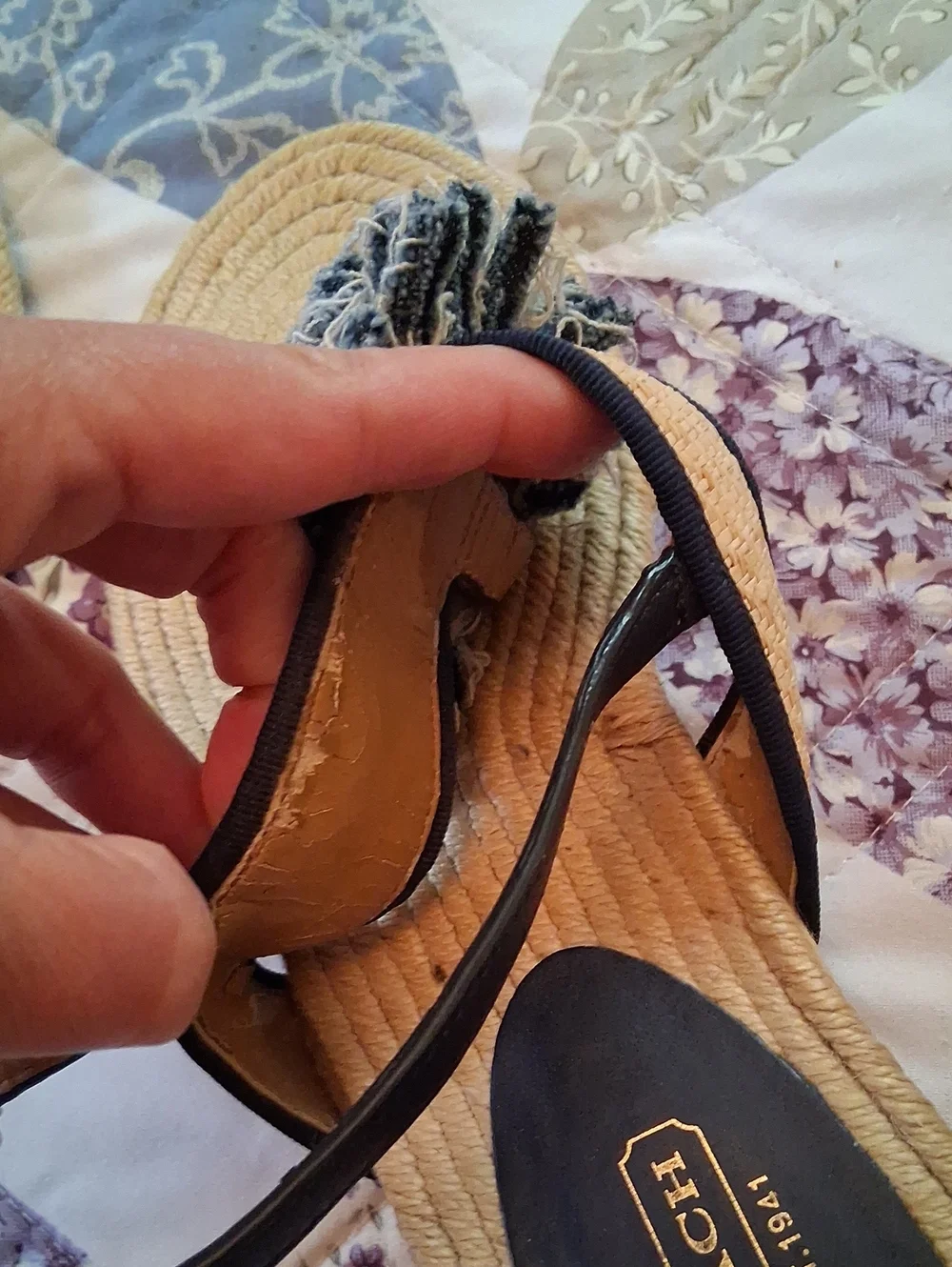 Coach Beige and Navy Floral Rope Sandals. Size 10B
